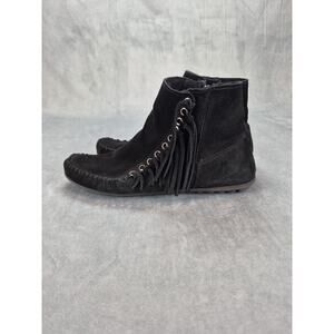 Minnetonka Lacy Boho Fringe Ankle Sz 9 Black Leather Bootie Shoe 669 Moccasin